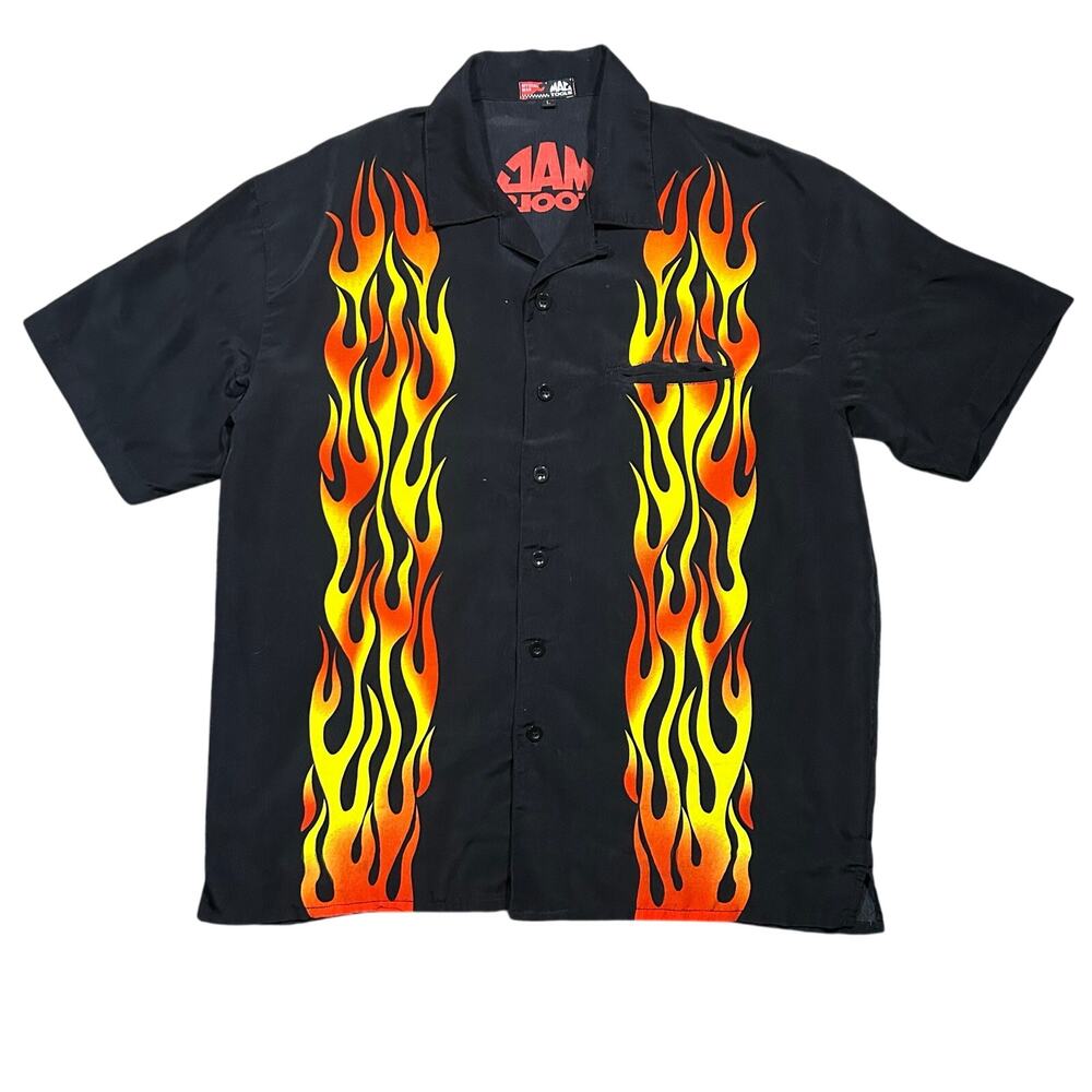 Vintage Y2K Mac Tools Flame Button Down Short Sleeve Shirt Men’s Large